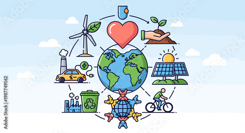 Circular infographic showing various aspects of environmental sustainability, green energy, and eco-friendly living around the Earth.