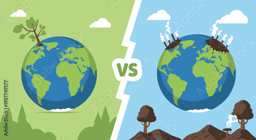 Illustration comparing a healthy, green Earth with a polluted, industrial Earth, highlighting environmental contrast and the impact of human activity.
