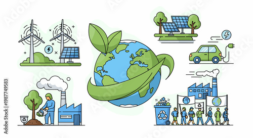 A vibrant illustration showcasing the interconnectedness of environmental conservation efforts, renewable energy sources, and industrial impact on our planet.