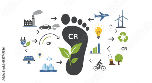 Illustration of a carbon footprint with various environmental elements and symbols representing human impact and sustainability efforts.