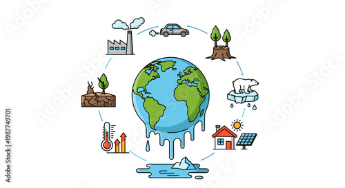 Illustration depicting the multifaceted impacts of climate change on Earth, including industrial pollution, deforestation, melting ice caps, and rising temperatures.