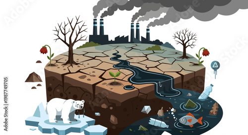 Environmental pollution and climate change depicted with a dying ecosystem, industrial pollution, and a polar bear on melting ice.