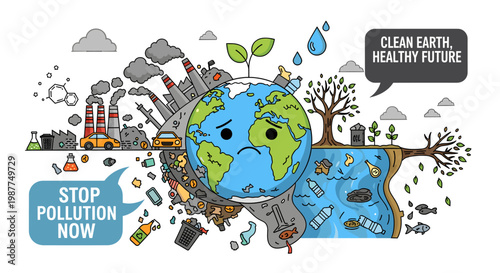 Illustration showing a sad, polluted Earth on one side with factories, smoke, and waste, contrasting with a clean, green, and healthy environment on the other, advocating for environmental protection.