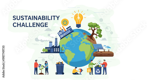 Vector illustration of a global sustainability challenge, showcasing environmental protection, renewable energy, waste management, and community action.