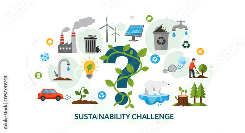 An illustration depicting various environmental challenges and sustainable solutions surrounding a question mark, symbolizing the global sustainability challenge.