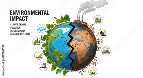 Conceptual illustration of Earth split into healthy and polluted halves, symbolizing environmental impact, climate change, and resource depletion.