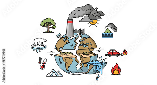 An illustration depicting the severe impact of climate change and environmental pollution on a cracked Earth, showing melting ice, factory emissions, and wildfires.
