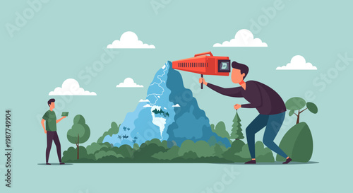 A man uses a large red blower to create a waterfall from an Earth-shaped mountain, while another man nurtures a small plant, symbolizing environmental influence and care.