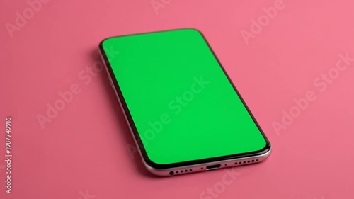 A modern smartphone with a blank green screen on a vibrant pink background for display