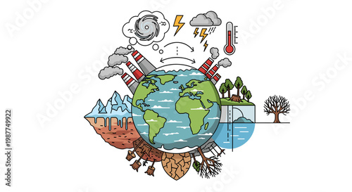 A detailed illustration depicting the Earth surrounded by various environmental challenges such as pollution, climate change, and deforestation.