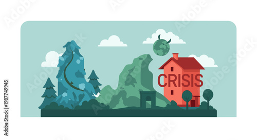 A stylized illustration depicting a red house with "CRISIS" written on it, a horned globe, and dark, stylized trees and mountains, symbolizing environmental and global challenges.