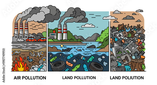 A detailed illustration depicting various forms of environmental pollution, including air pollution from factories and burning waste, and land and water pollution with trash and industrial discharge.