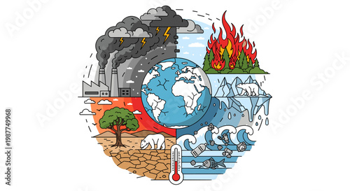 Detailed illustration of global climate change impacts, showing industrial pollution, wildfires, drought, melting ice, and ocean pollution surrounding the Earth.