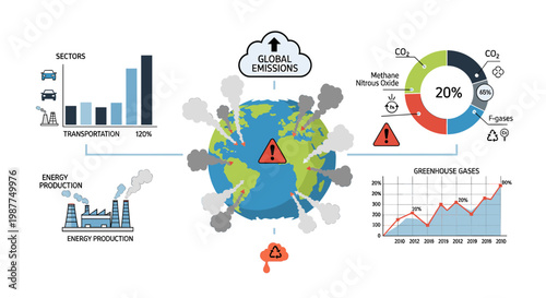 Infographic illustrating global emissions, climate change impacts, and sources of greenhouse gases from various sectors like transportation and energy production.