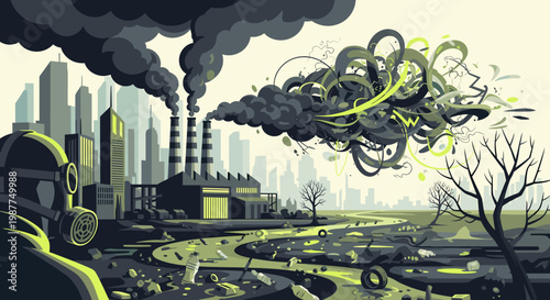 A stark illustration of industrial pollution with factories emitting smoke, a contaminated river, and a person in a gas mask observing the environmental damage.
