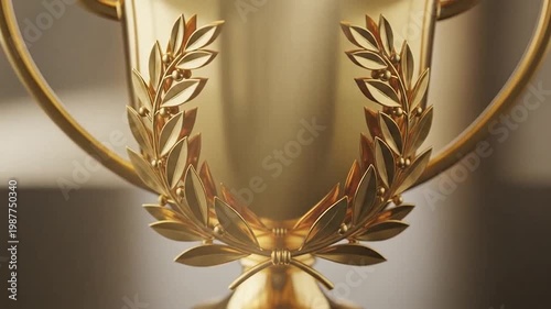 A shiny golden trophy with laurel wreath, standing on a dark reflective surface, close-up