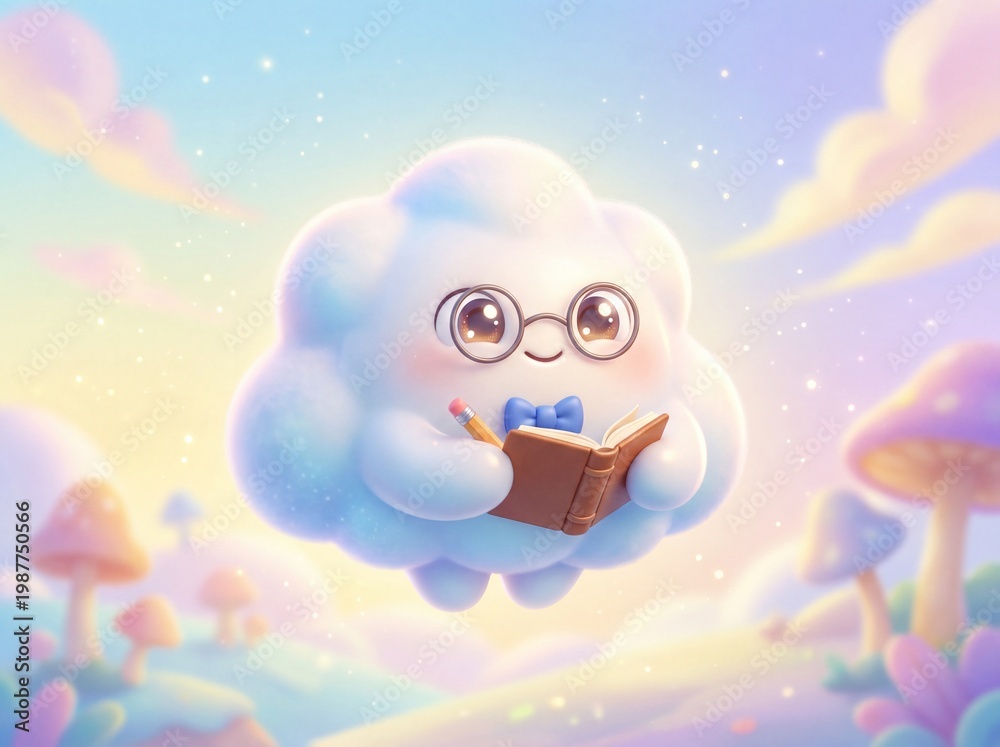 Fototapeta premium Cute cloud scholar with book in pastel fantasy sky