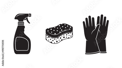 Cleaning Supplies Icons Set with Spray Bottle Sponge Gloves Household Chores Vector Collection