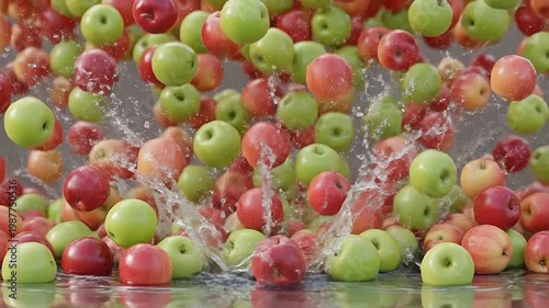 Fresh apples of various colors falling down with water splashes on a reflective surface