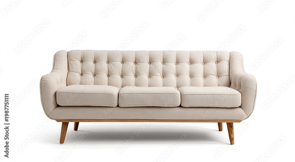 Fototapeta premium Elegant cream tufted sofa with tapered wooden legs on a white background