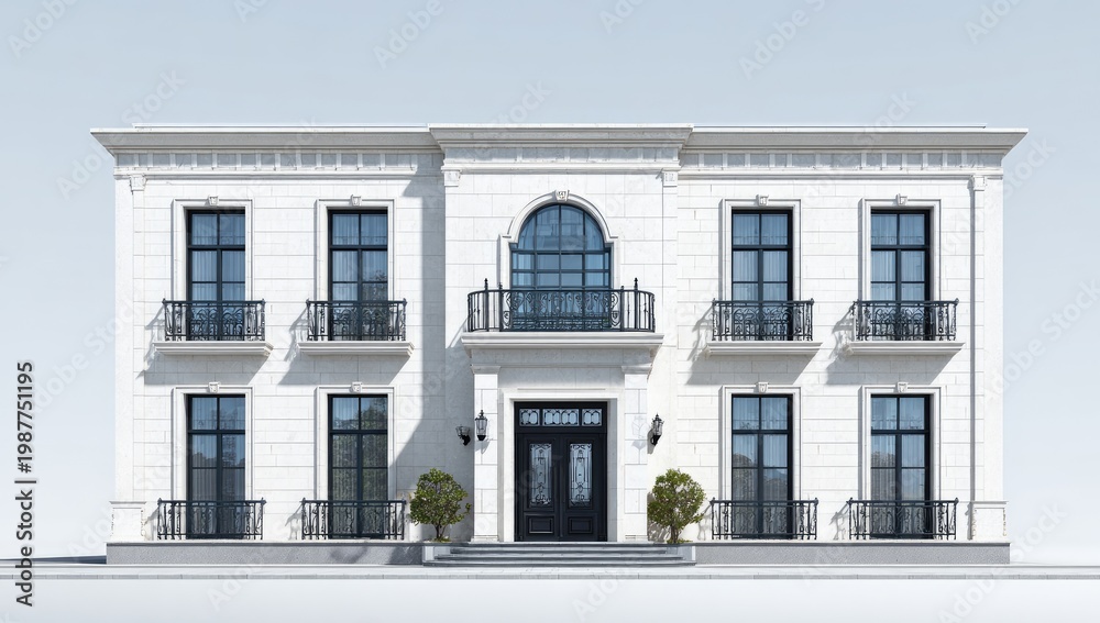Fototapeta premium Elegant white mansion with ornate windows and balconies