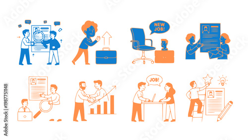 Detailed icons showing office activities and business processes.