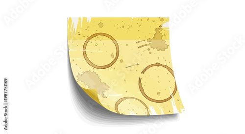 Yellow sticky note with circular stains and grunge texture