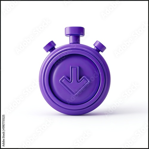 3D purple stopwatch icon with downward arrow on a white background