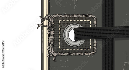 Close-up of a notebook cover with eyelet and frayed fabric detail.