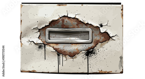 Damaged filing cabinet drawer with peeling paint and rust