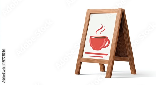 Wooden A-frame sign displaying a steaming red coffee cup illustration