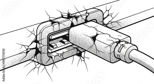 Damaged USB port and cable, broken connection concept