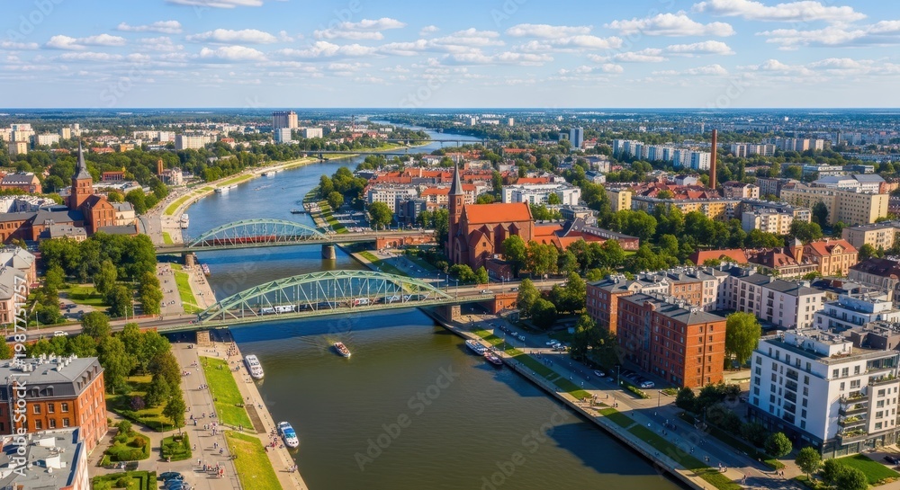 Obraz premium Aerial View of Wroclaw Cityscape with Oder River and Bridges.