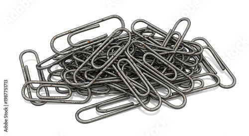 Heap of metal paperclips on white background, office supplies