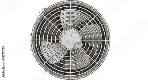 Grungy outdoor air conditioner fan grille with dirt and debris, close-up on white background.
