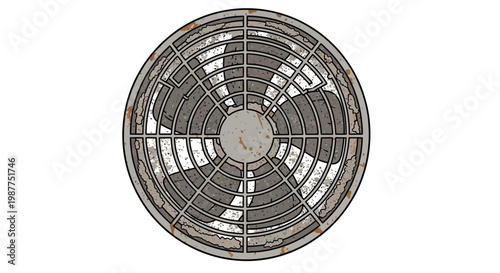 Old industrial fan, rusty metal grille, vintage ventilation, isolated on white