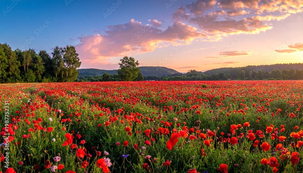 Obraz premium Vibrant Poppy Field at Sunset - A Landscape of Red and Gold.