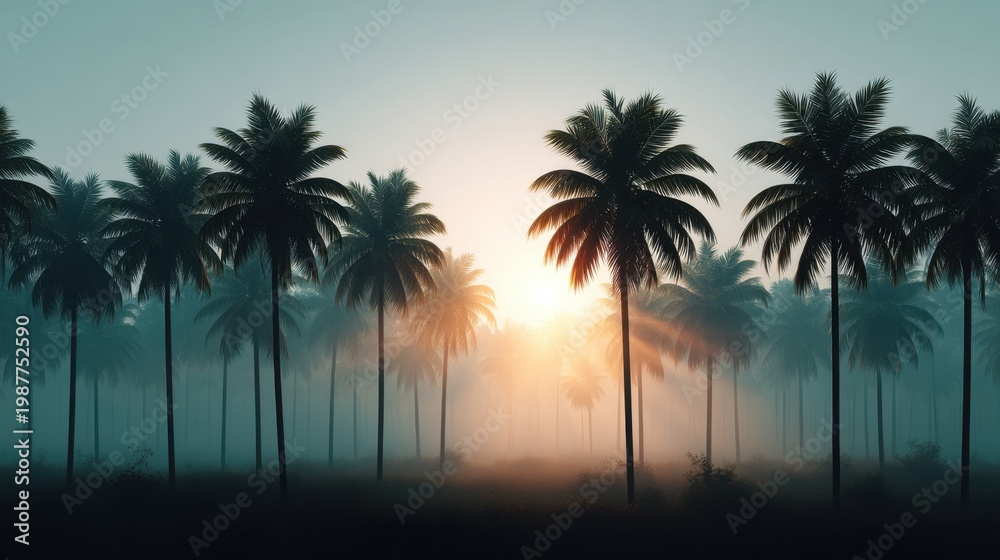 Fototapeta premium Serene Sunrise Over a Tropical Palm Tree Forest with Soft Mist and Warm Light in the Background, Ideal for Nature and Travel Themes