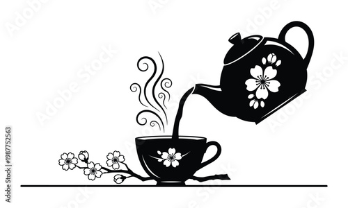 A cup of tea with blooming cherry blossoms and steaming teapot vector illustration.