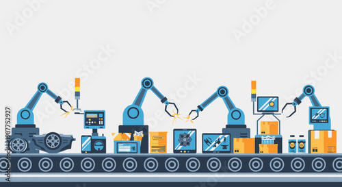 Industrial robots on assembly line.