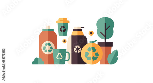 A minimalist vector illustration of eco-friendly products like reusable bottles, cups, and a potted plant, all featuring recycling symbols.