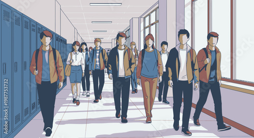 People walking in a school hallway.