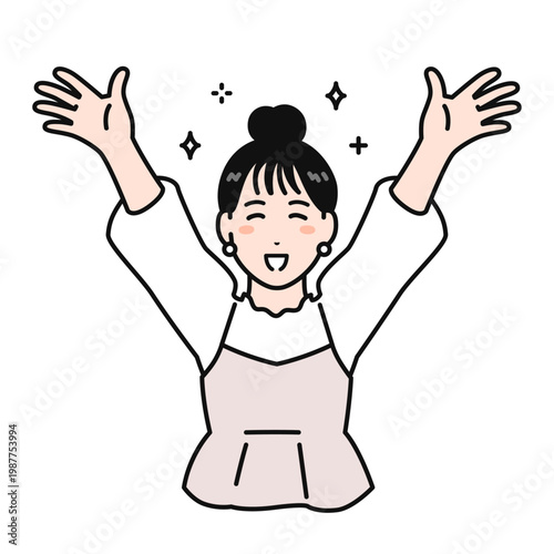 両手を広げて喜ぶまとめ髪の若い女性のシンプルなベクターイラスト素材