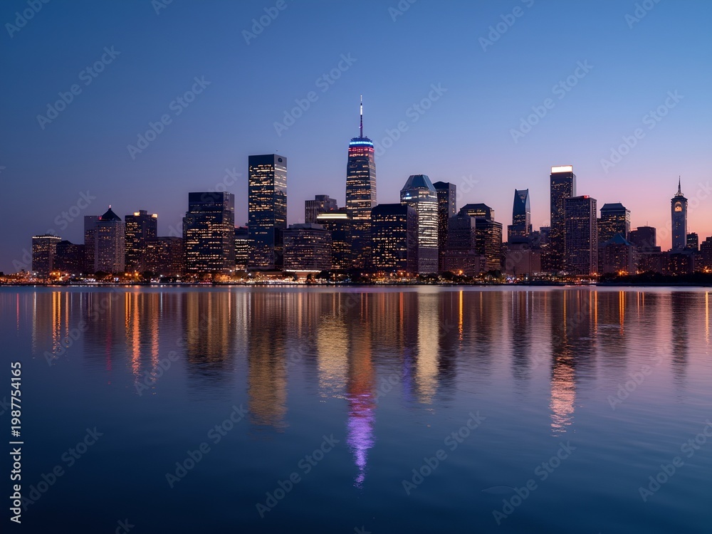 Obraz premium An urban nightscape view of a city skyline across a calm river. Prominently featured in the foreground is a large city with several illuminated buildings reflecting on the water's surface