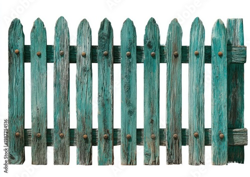 Weathered teal picket fence with rustic charm and aged wood