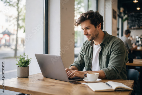 Focused man using laptop computer in cafe feeling happy and productive while working remote with coffee and notebook on table during afternoon time at comfortable coffee shop setting in urban area