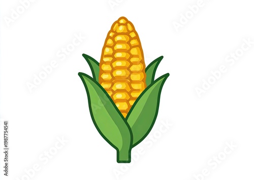 A vibrant yellow ear of corn, nestled in green husks, against a white backdrop