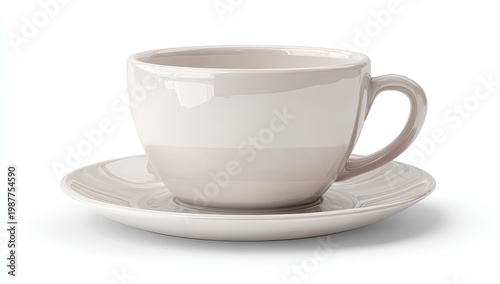 A light-colored ceramic teacup and saucer sit on a white background