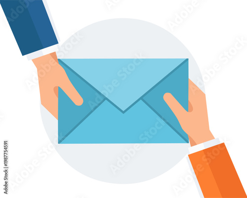 Person giving a newsletter envelope, content distribution and email marketing concept, flat vector illustration