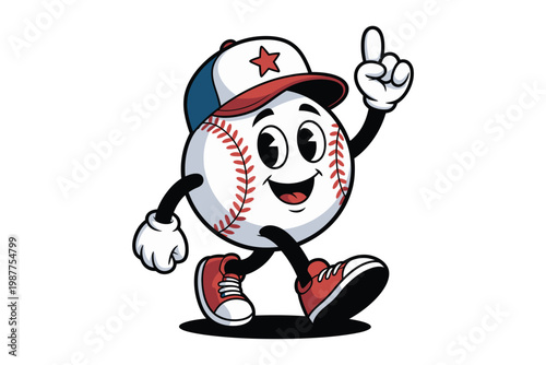 A cheerful baseball with arms and legs is walking and pointing upwards wearing a red cap and shoes on transparent background.